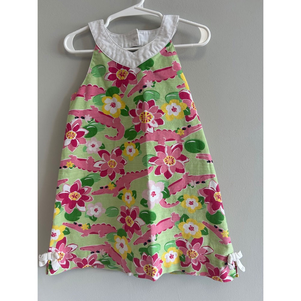 Gymboree Island Lilly Girls Green Floral Pink Alligator shift‎ Dress, Size4